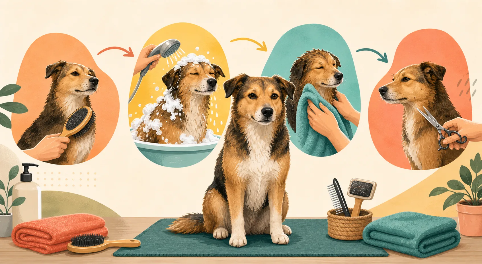 Illustrierter Pflegeablauf mit Bürsten, Hundebad und saugfähigem Handtuch
